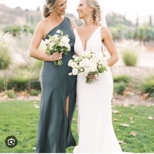 BHLDN Dylan One-Shoulder Satin Side-Slit Gown Green sz 8